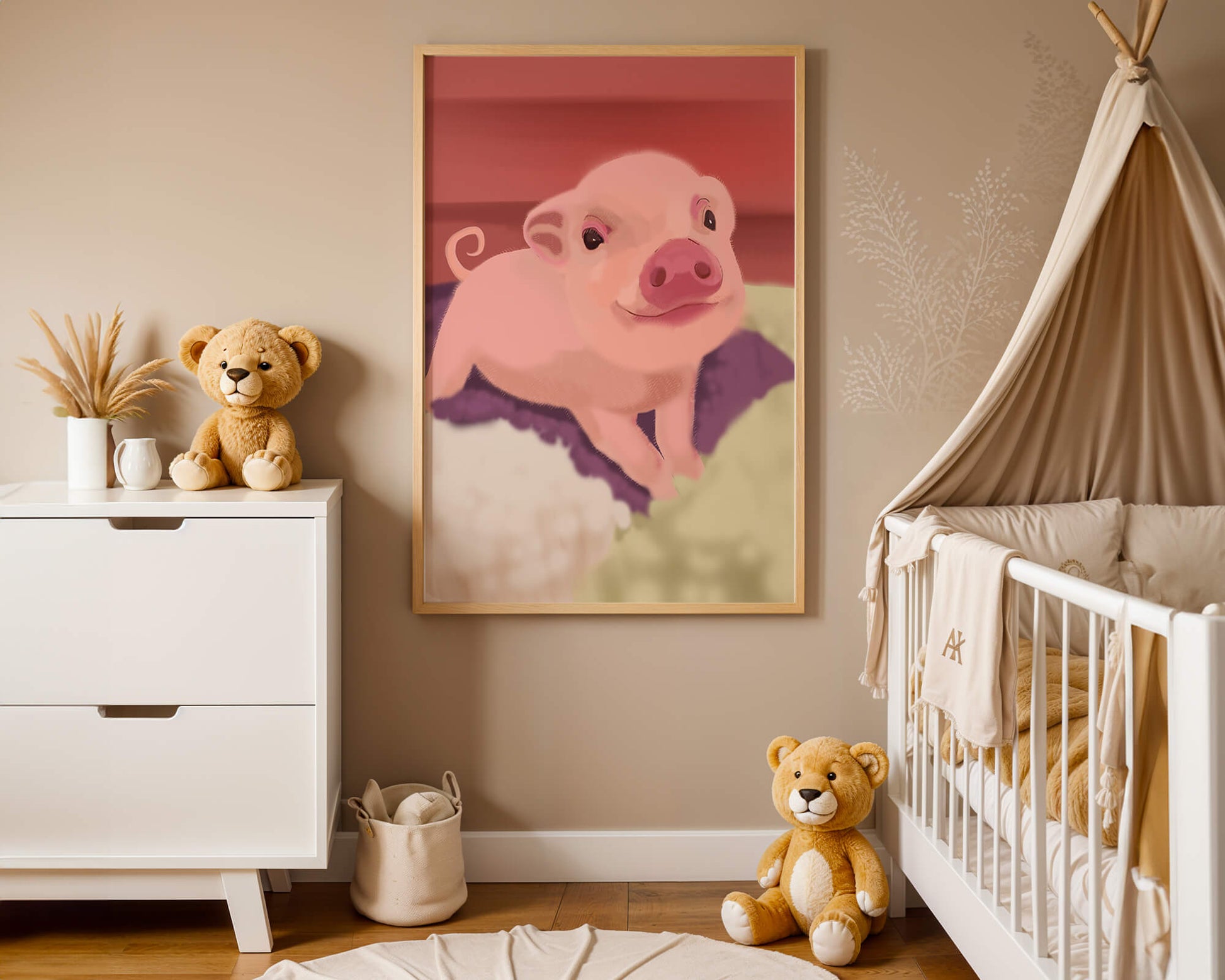 Una encantadora ilustración de un lindo cerdito con un fondo cálido.