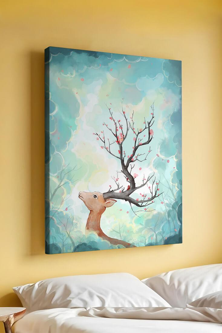 Surreal deer with branches for antlers in a pastel cloudy background