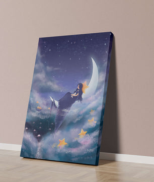 Cielo nocturno soñador con una niña sentada en una luna creciente rodeada de estrellas
