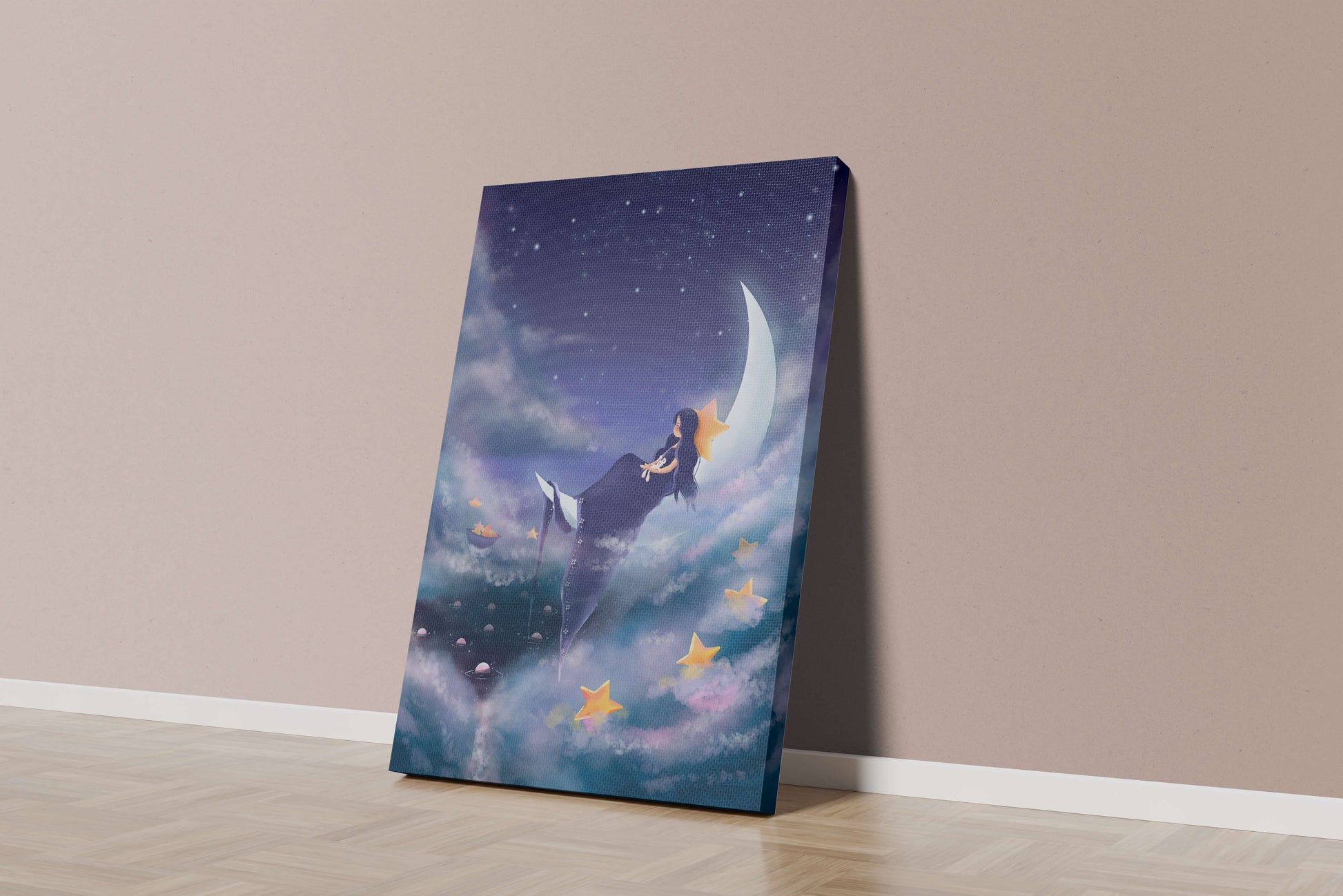 Dreamy night sky with girl sitting on crescent moon surrounded by stars