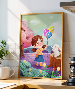 Charming Landscape with Girl Holding Balloons and White Bunny in Enchanted Forest