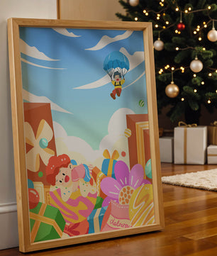 Colorful illustration with presents and children playing under a blue sky