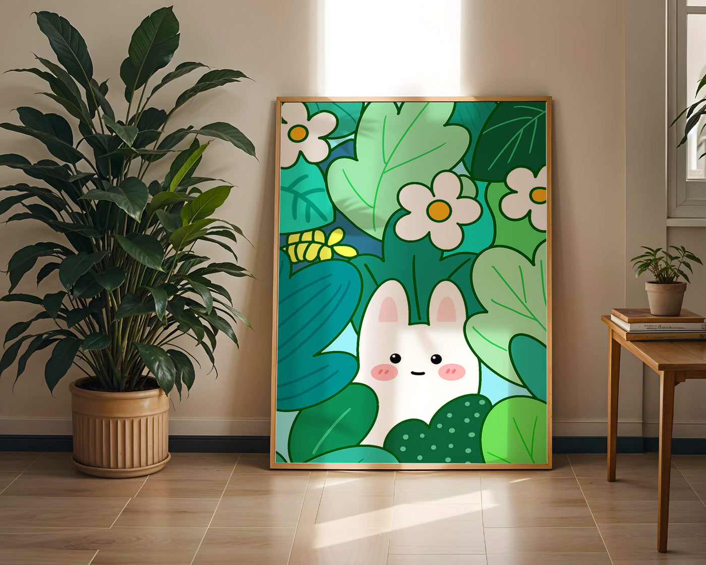 Illustration of a cute rabbit hidden among flowers and greenery