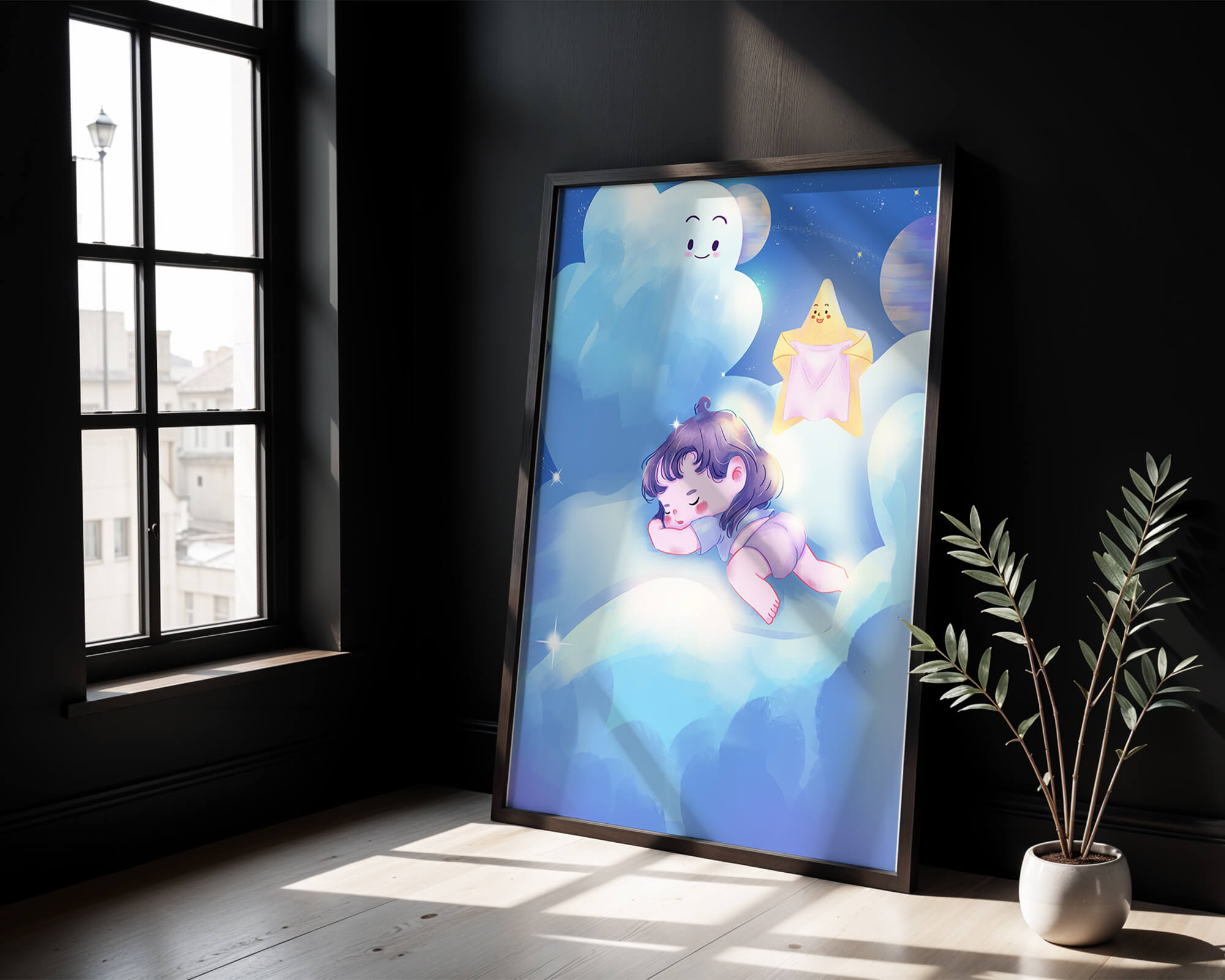 Dreamy illustration of sleeping child on clouds with smiling cloud and star