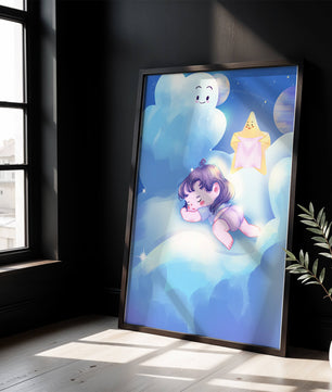 Dreamy illustration of sleeping child on clouds with smiling cloud and star