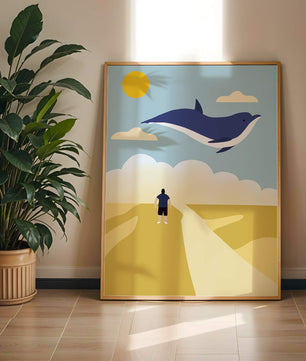 Surreal Landscape with Flying Blue Whale and Human on Desert Path