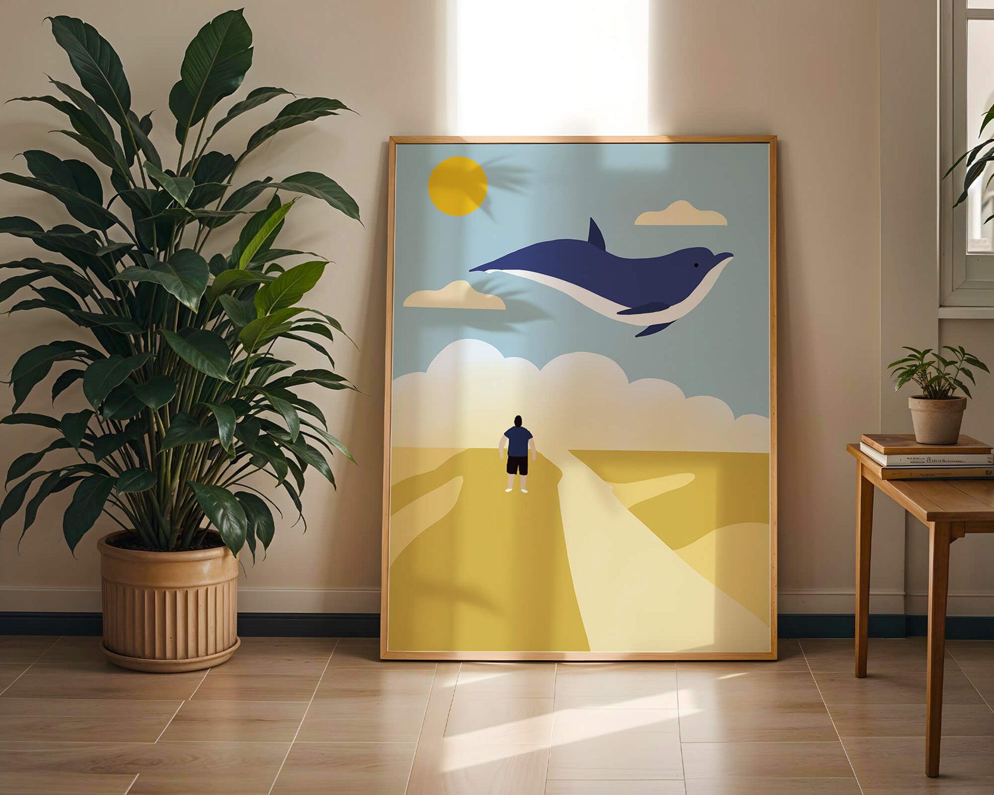 Paisaje surrealista con ballena azul voladora y humano en camino desértico