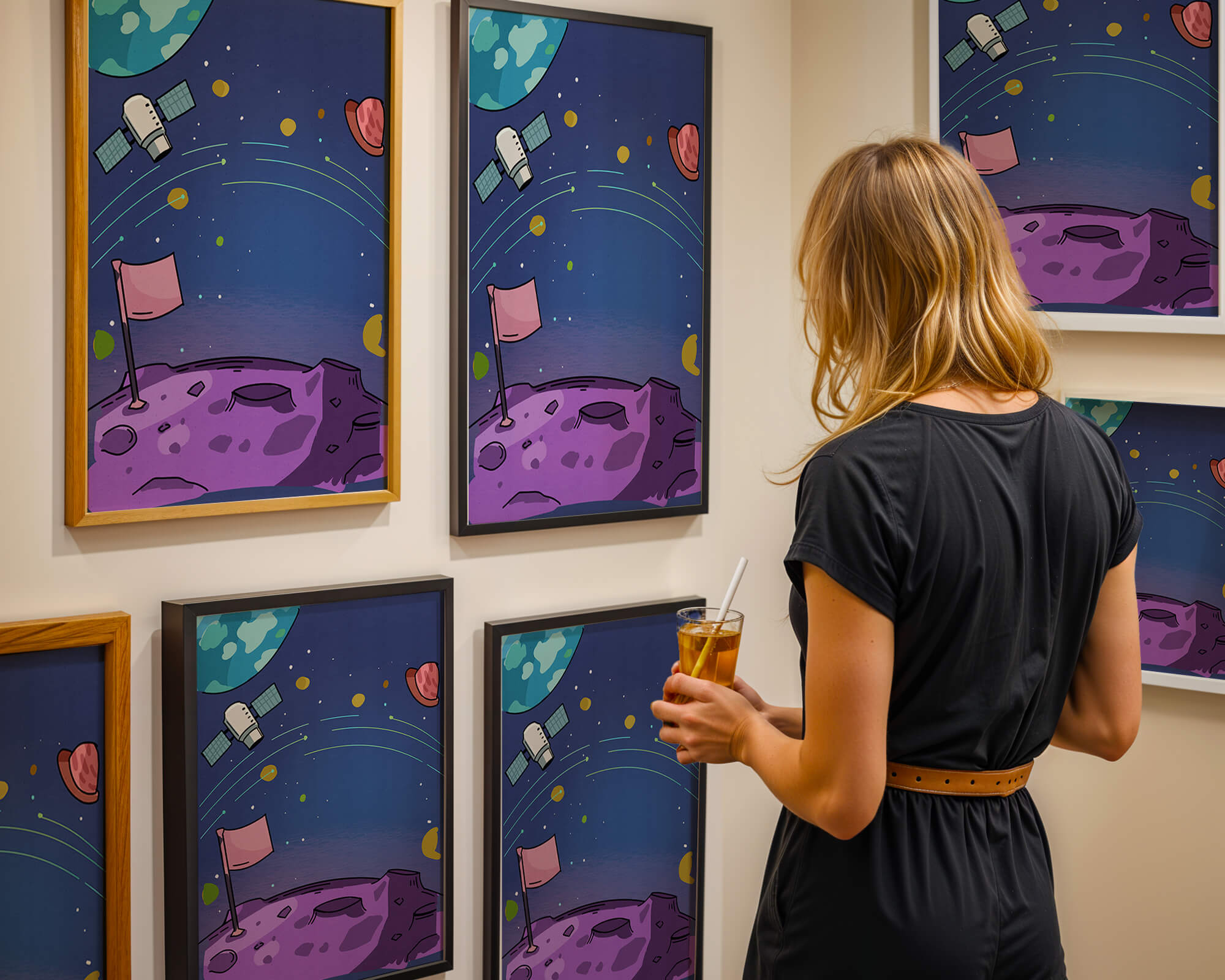 Illustration of outer space scene with planets and satellite