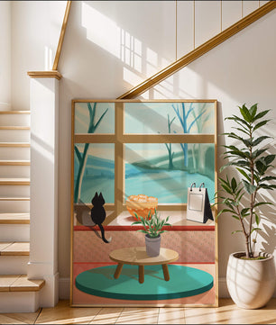 Cozy interior with a cat by the window and potted plants