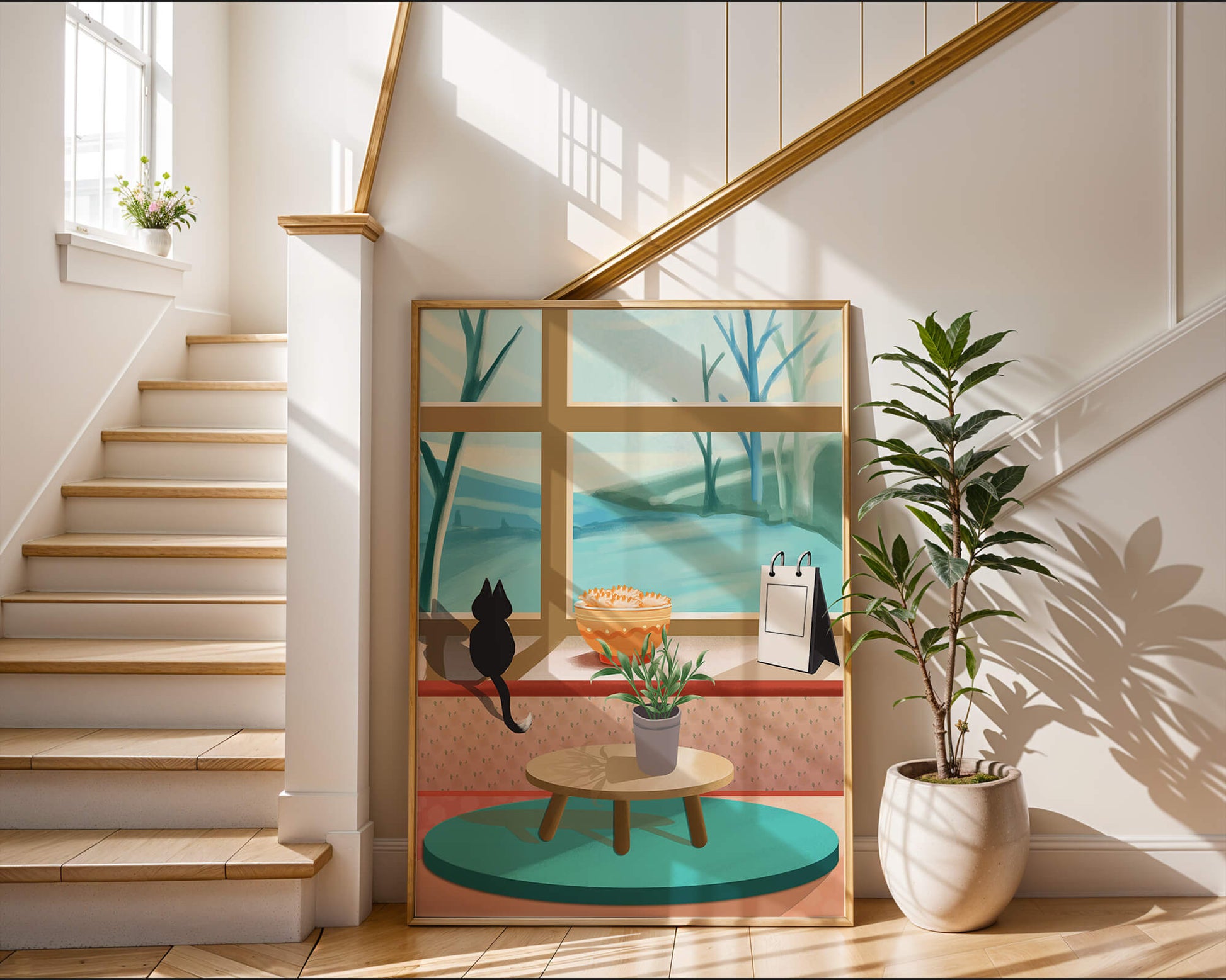 Cozy interior with a cat by the window and potted plants