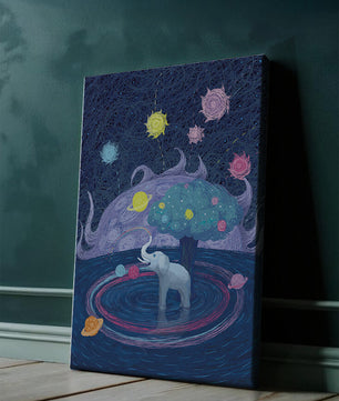 Éléphant fantastique avec arbre et fond cosmique