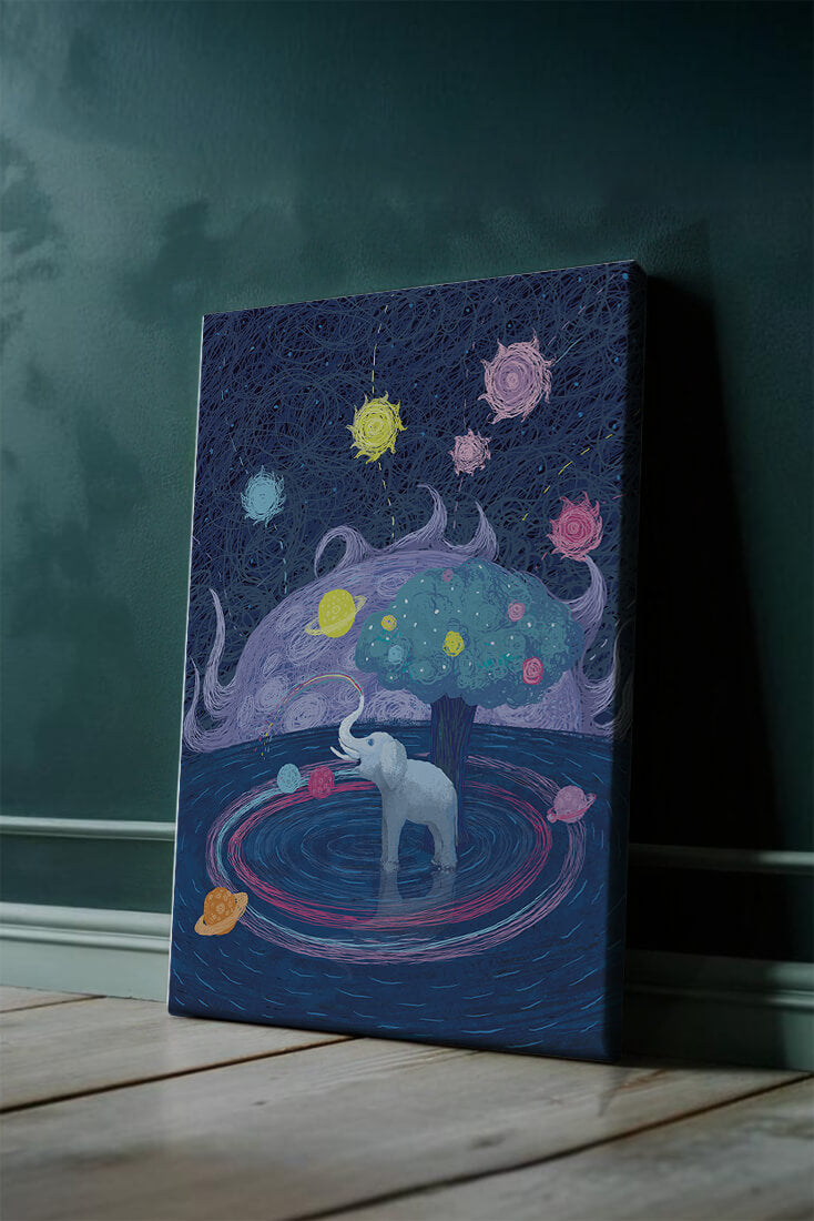 Éléphant fantastique avec arbre et fond cosmique