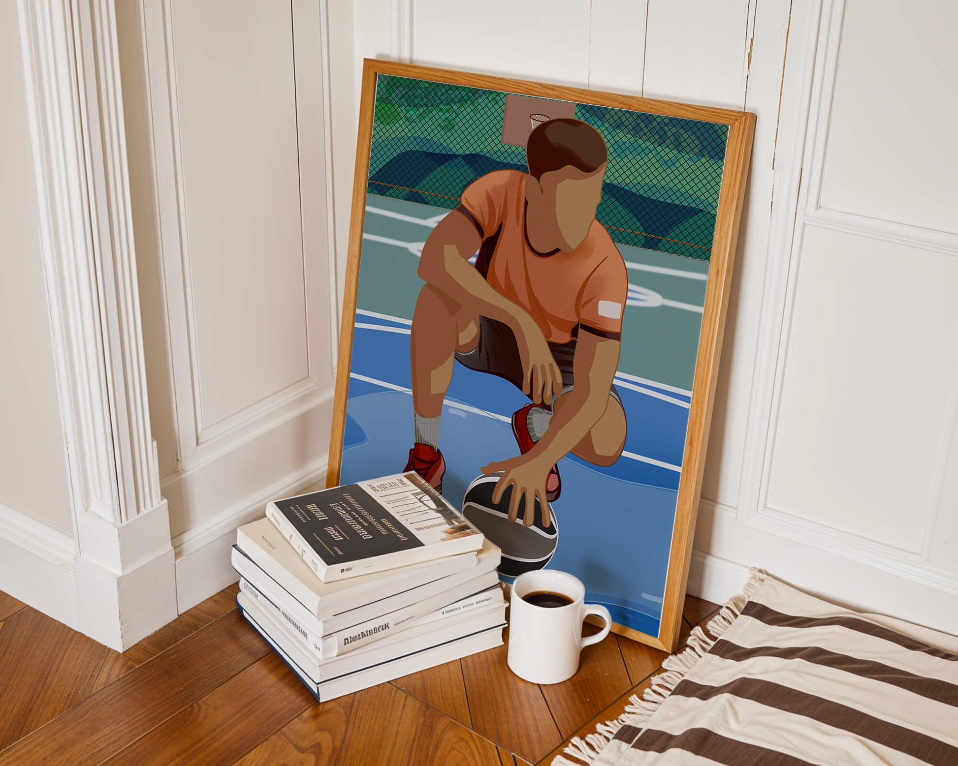 Illustration of a basketball player on a court in a dynamic pose