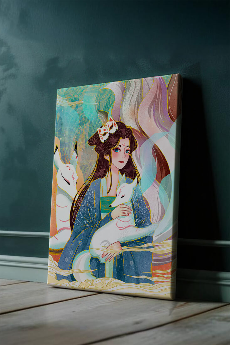 Woman with foxes in a mystical fantasy scene