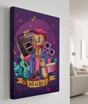 Illustration colorée sur le thème de la musique avec un personnage et des instruments