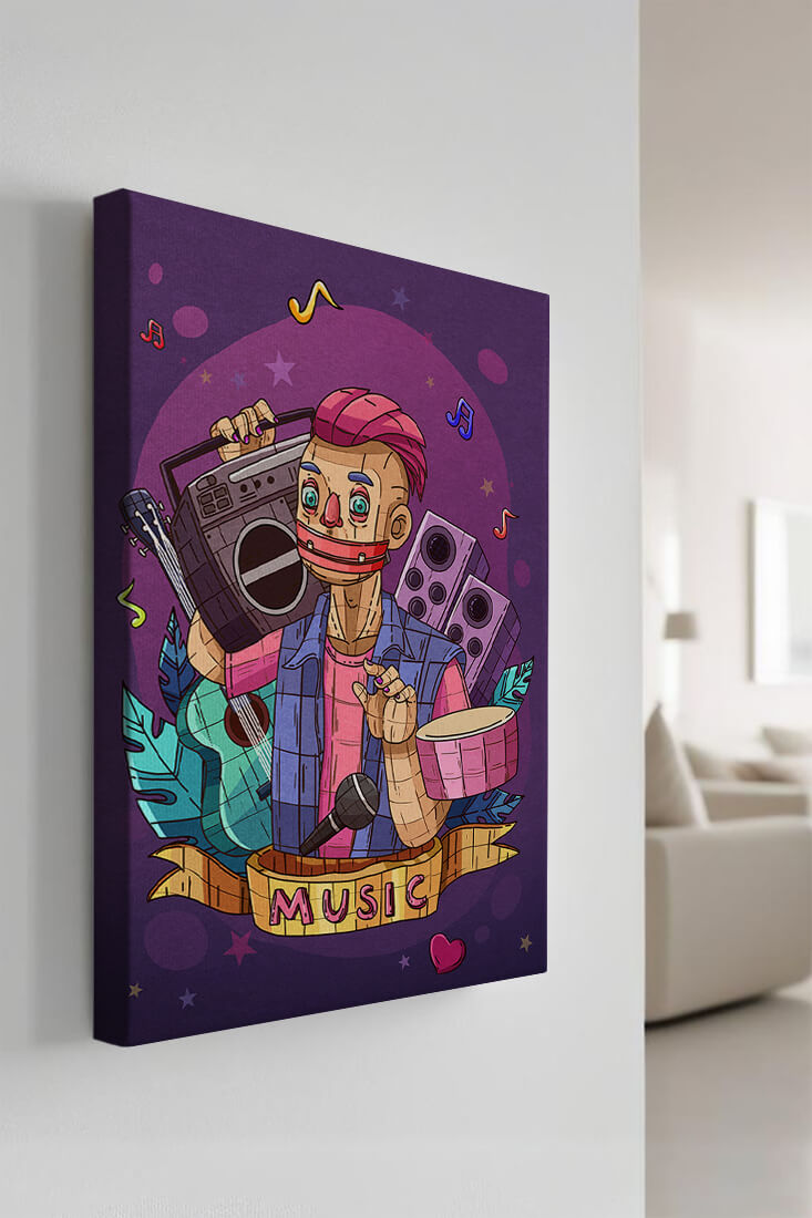 Illustration colorée sur le thème de la musique avec un personnage et des instruments