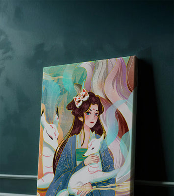 Woman with foxes in a mystical fantasy scene
