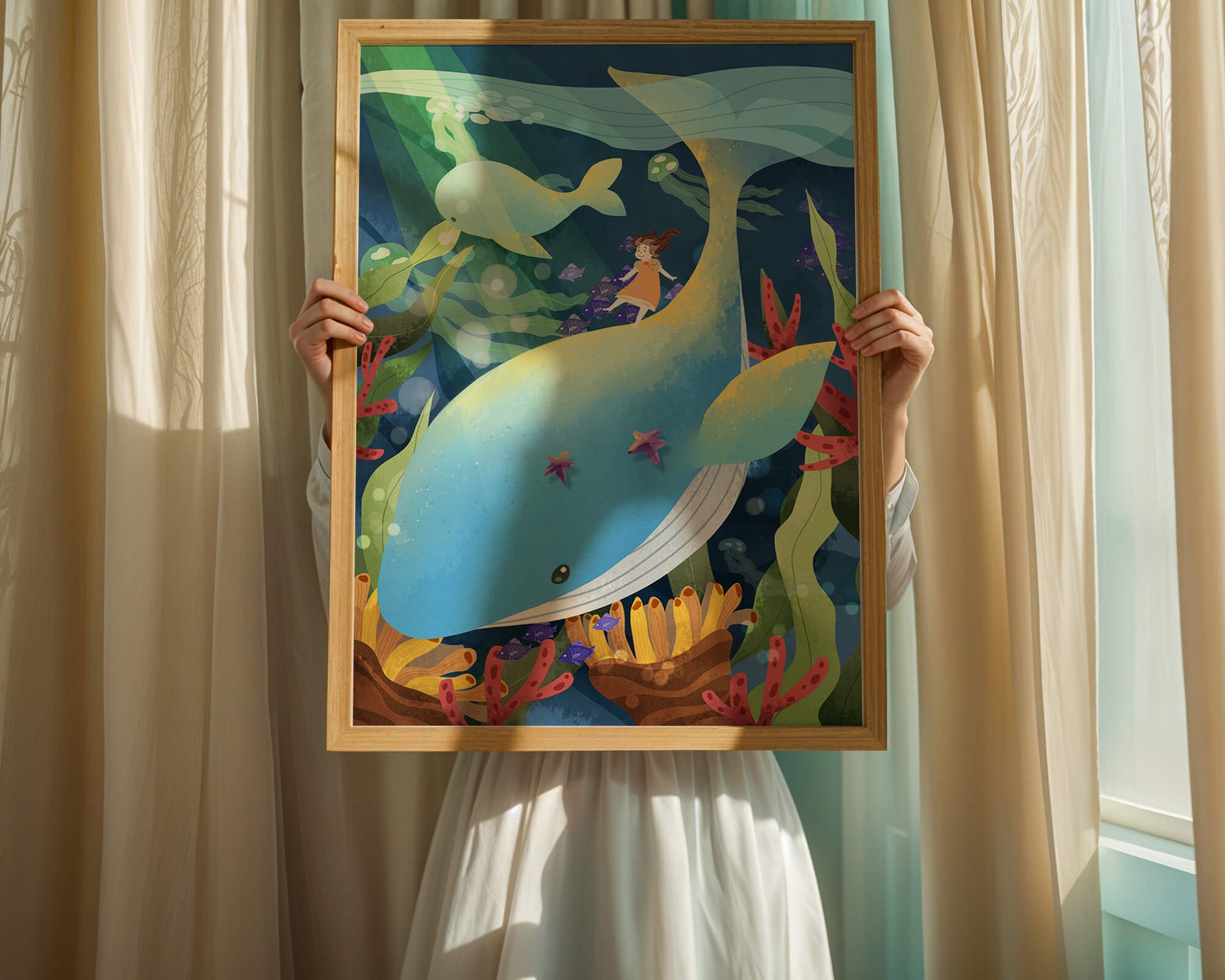 Fantasievolle Unterwasserszene mit einem Mädchen auf einem Wal und farbenfrohem Meeresleben