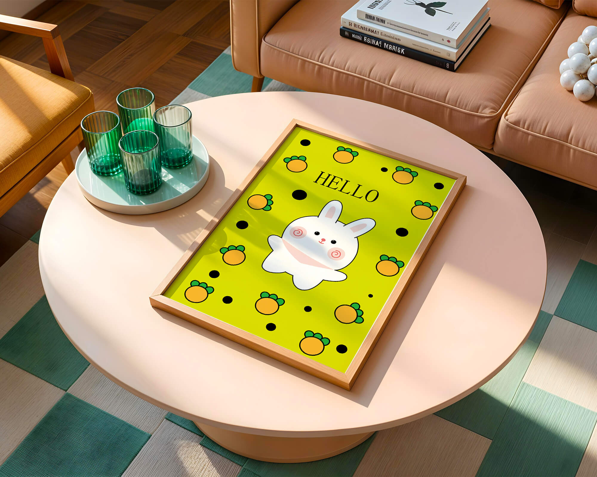 Charming rabbit cartoon illustration on yellow background with orange elements