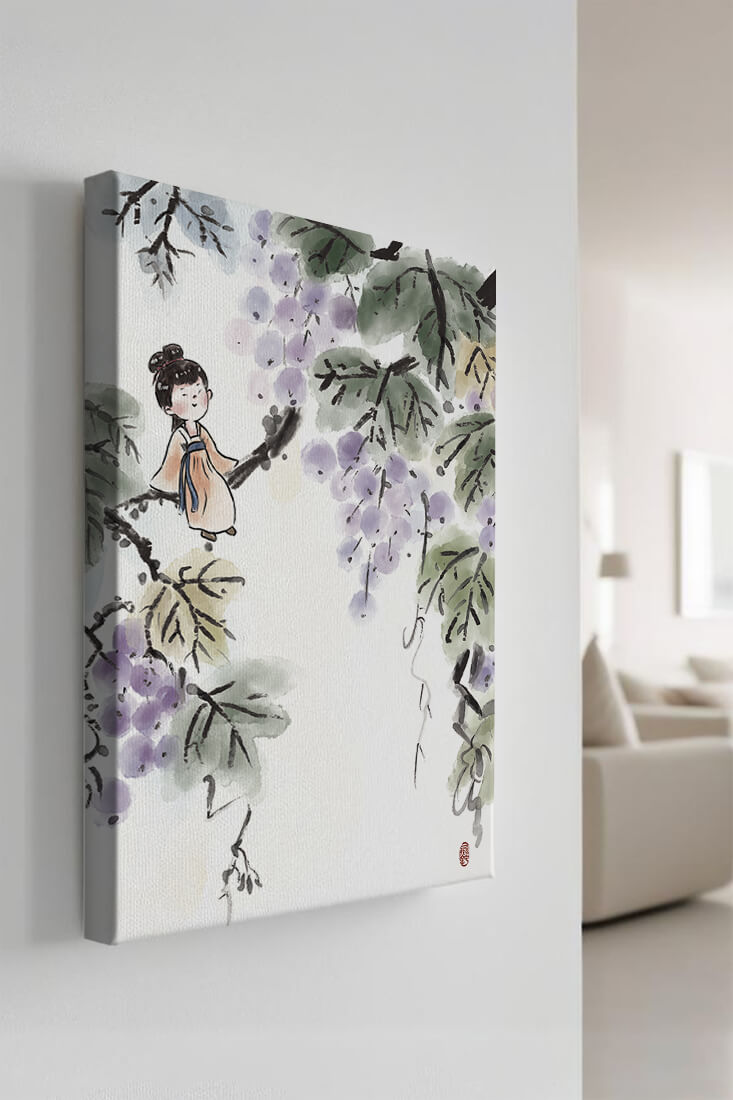 Una chica caprichosa sentada en una rama con bayas moradas y hojas verdes en estilo acuarela