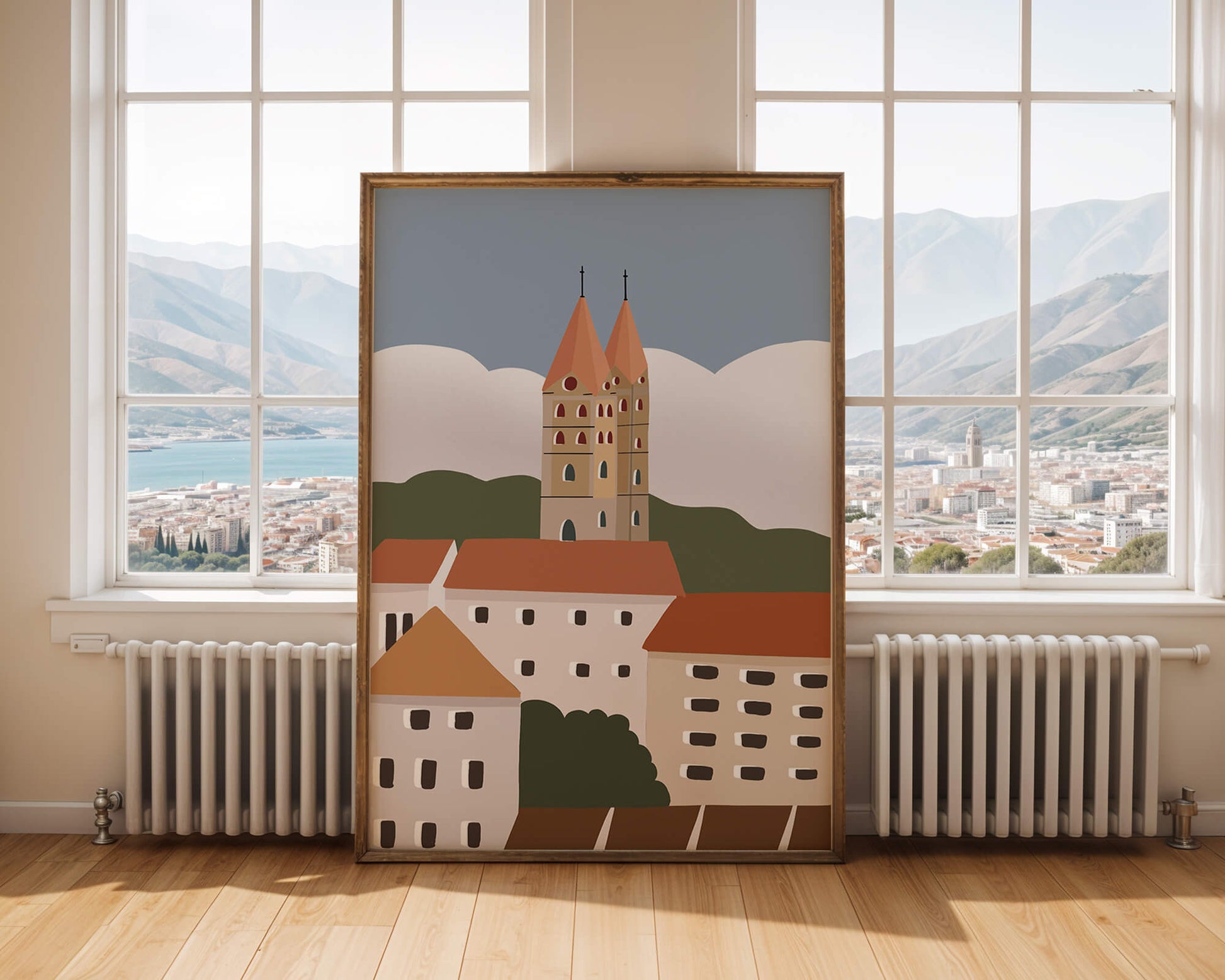 Pueblo pintoresco con torres y techos coloridos bajo el cielo azul