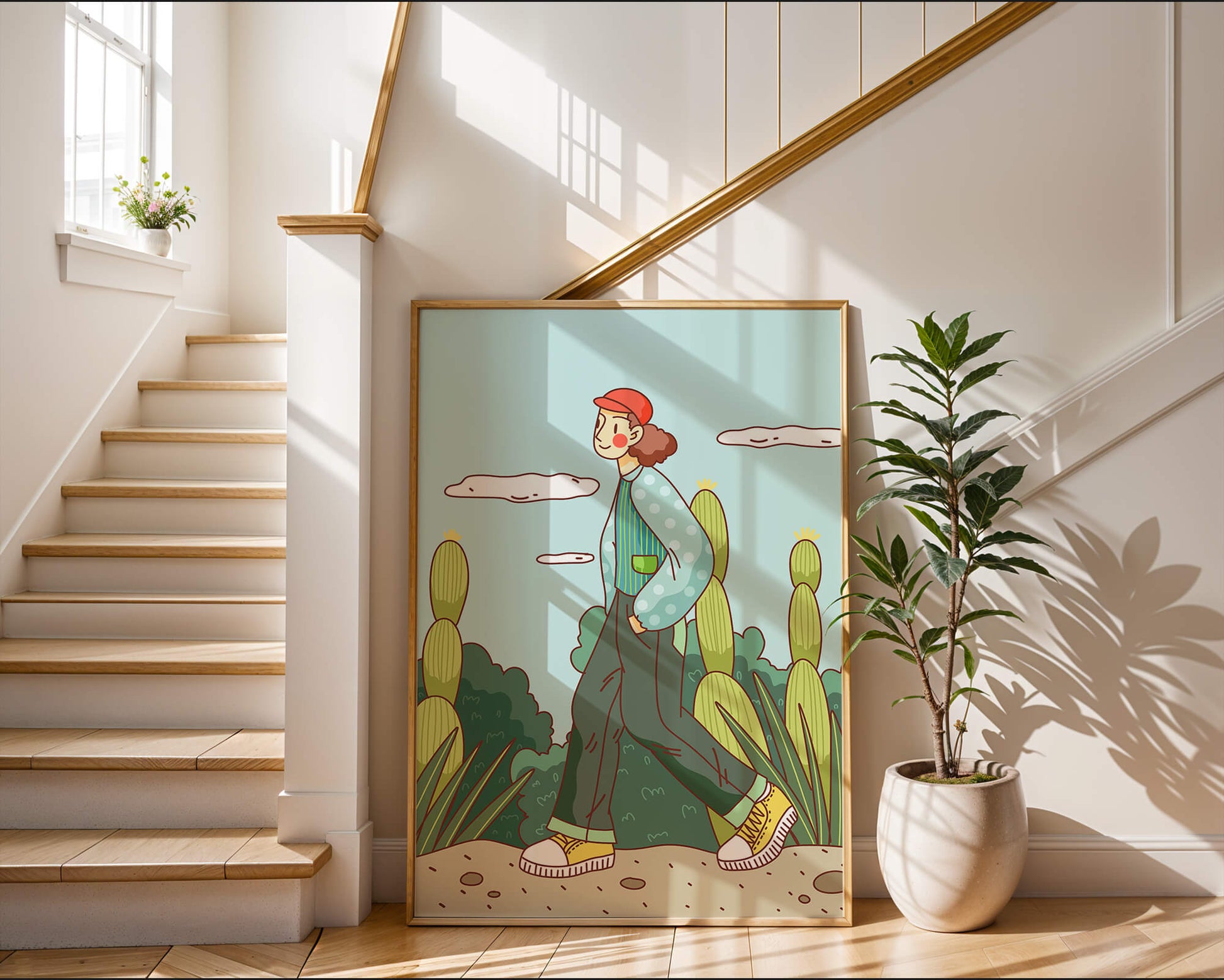 Person walking in desert landscape with cacti