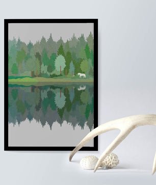 Forest landscape with a white horse and reflection in a tranquil pond