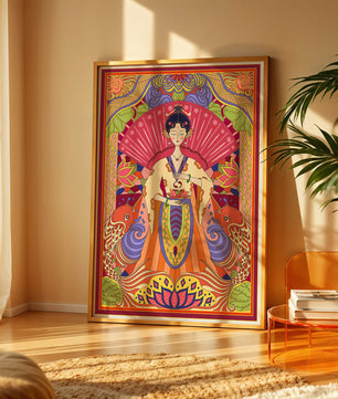 Ilustración oriental colorida con motivos de peces koi y loto