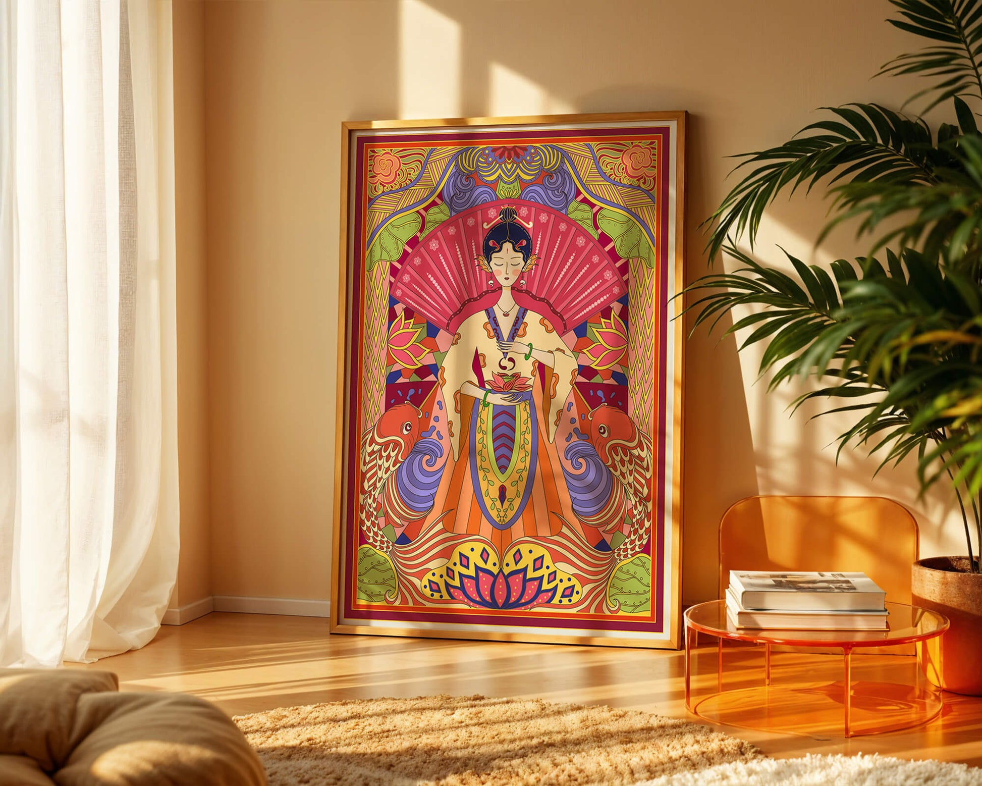 Ilustración oriental colorida con motivos de peces koi y loto