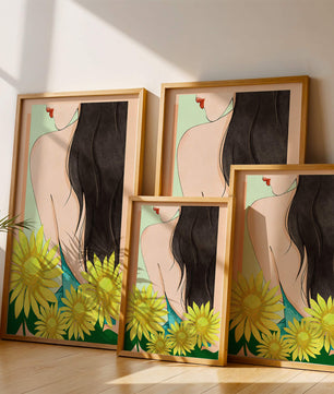 Ilustración de una mujer elegante con girasoles y cabello largo y oscuro