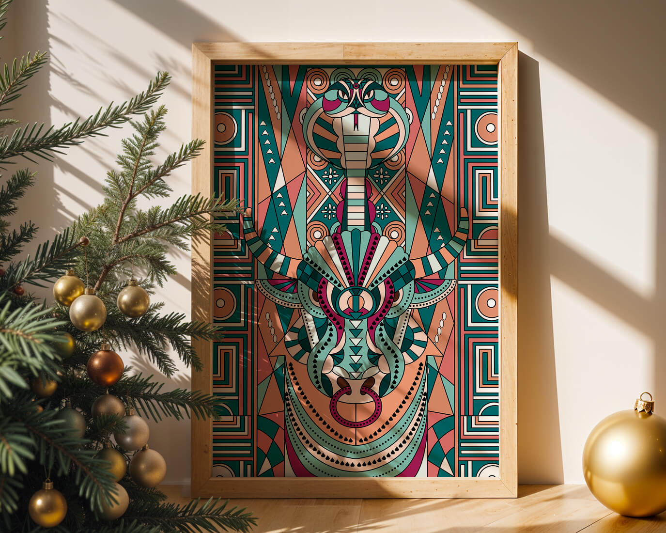 Colorful Geometric Animal and Snake Art Design with Tribal Patterns