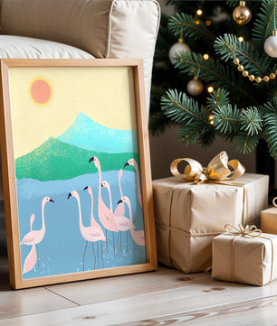 Friedliche Szene mit Flamingos in einer ruhigen Landschaft mit Bergen und Sonnenuntergang