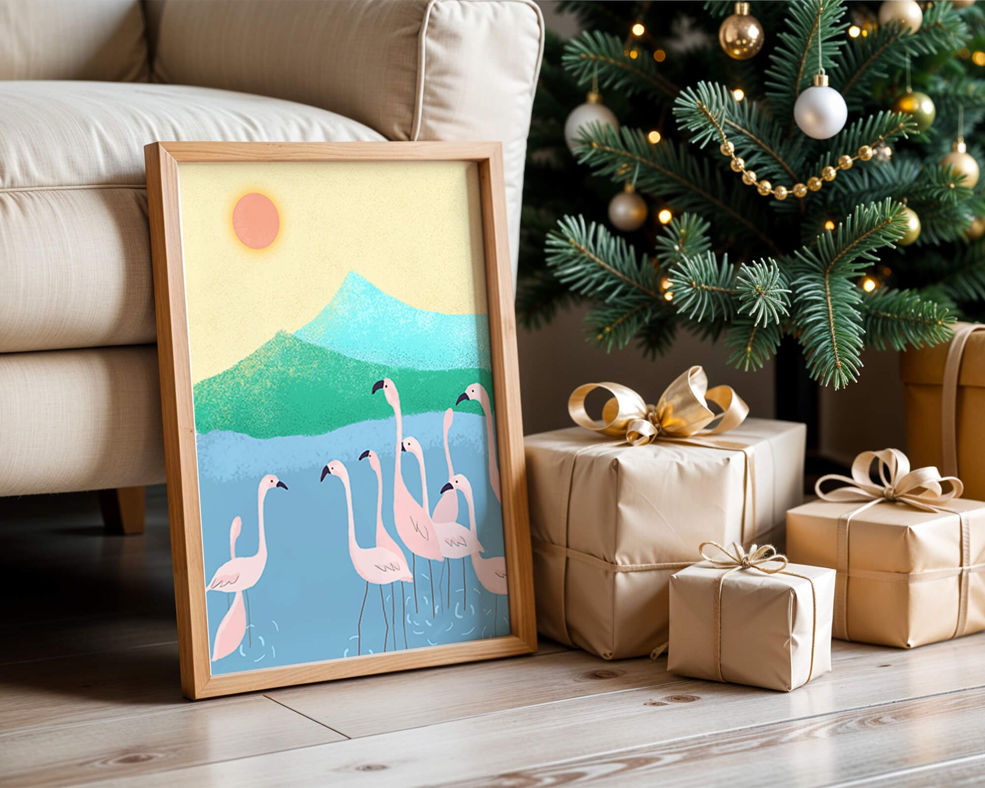 Friedliche Szene mit Flamingos in einer ruhigen Landschaft mit Bergen und Sonnenuntergang