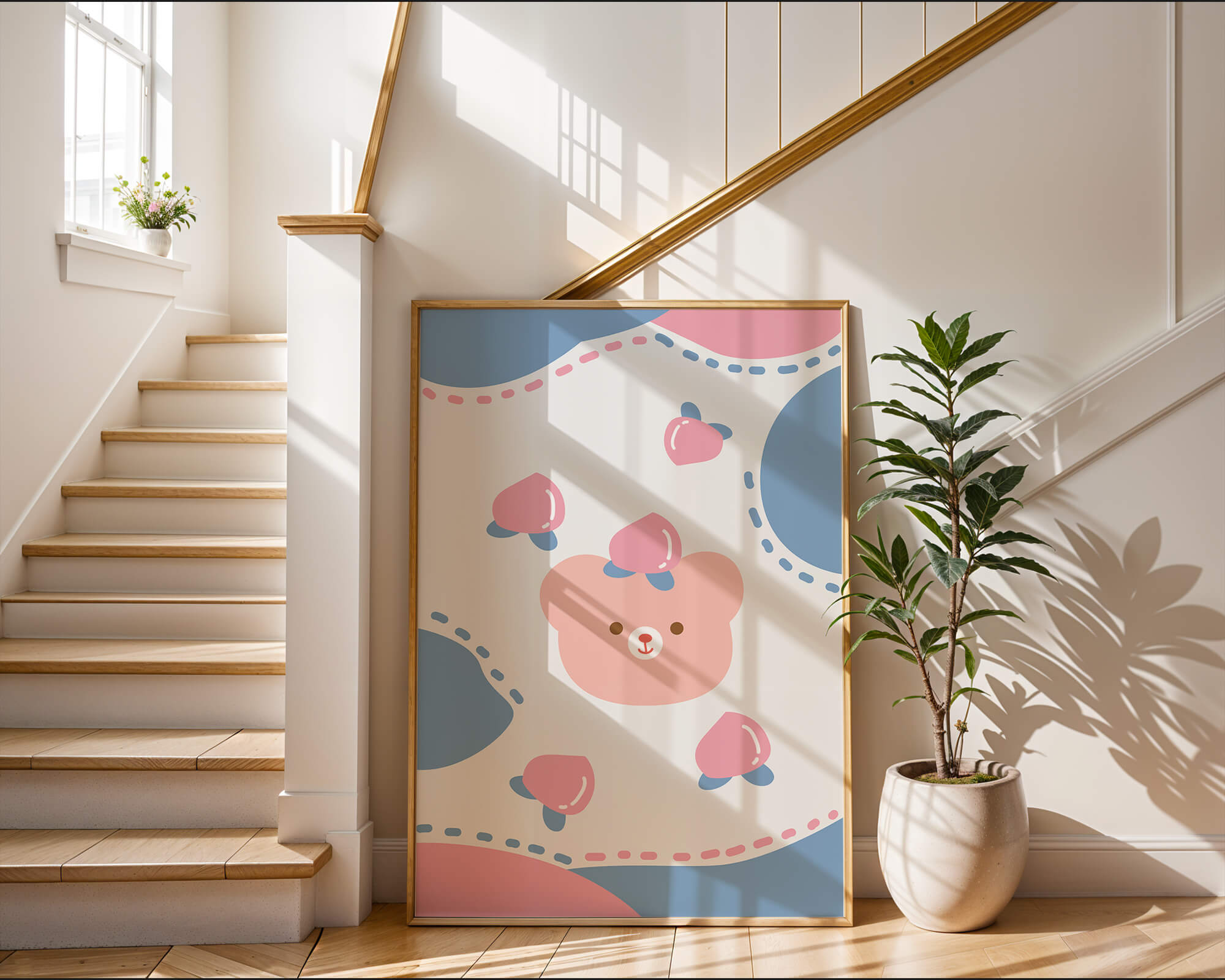Adorable pastel bear with peaches and dotted background
