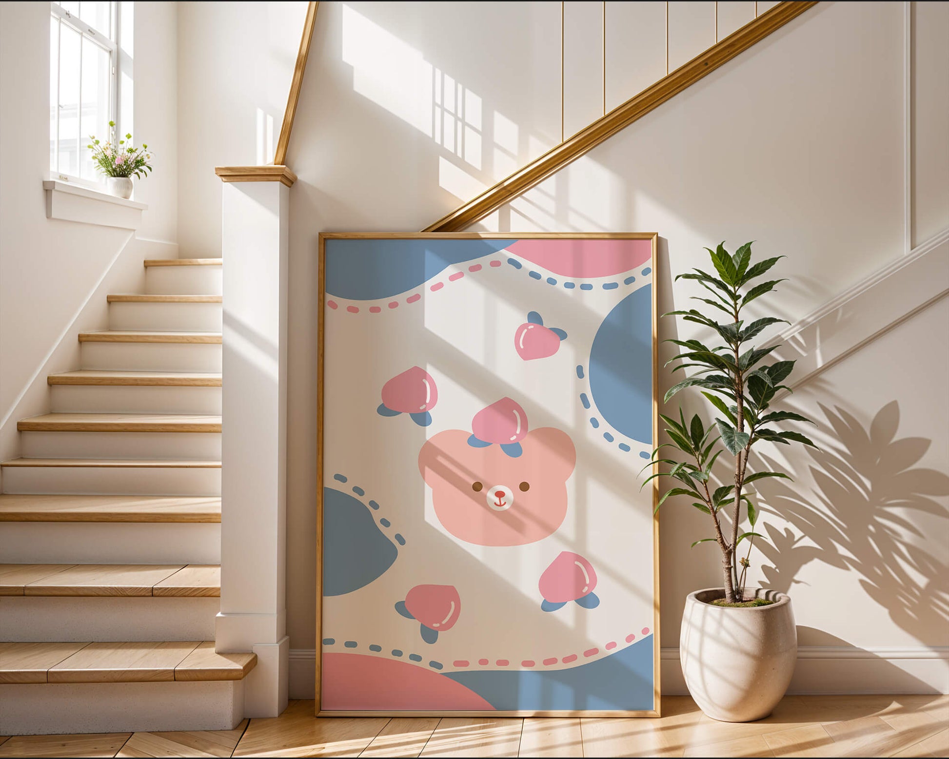 Adorable pastel bear with peaches and dotted background