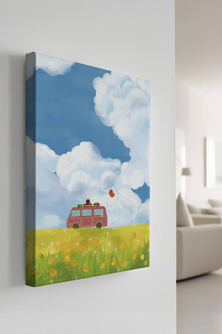 Colorful Van in a Vibrant Field with Balloons and Luggage