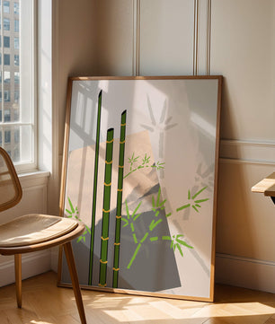 Arte minimalista de bambú con sombras abstractas de bambú