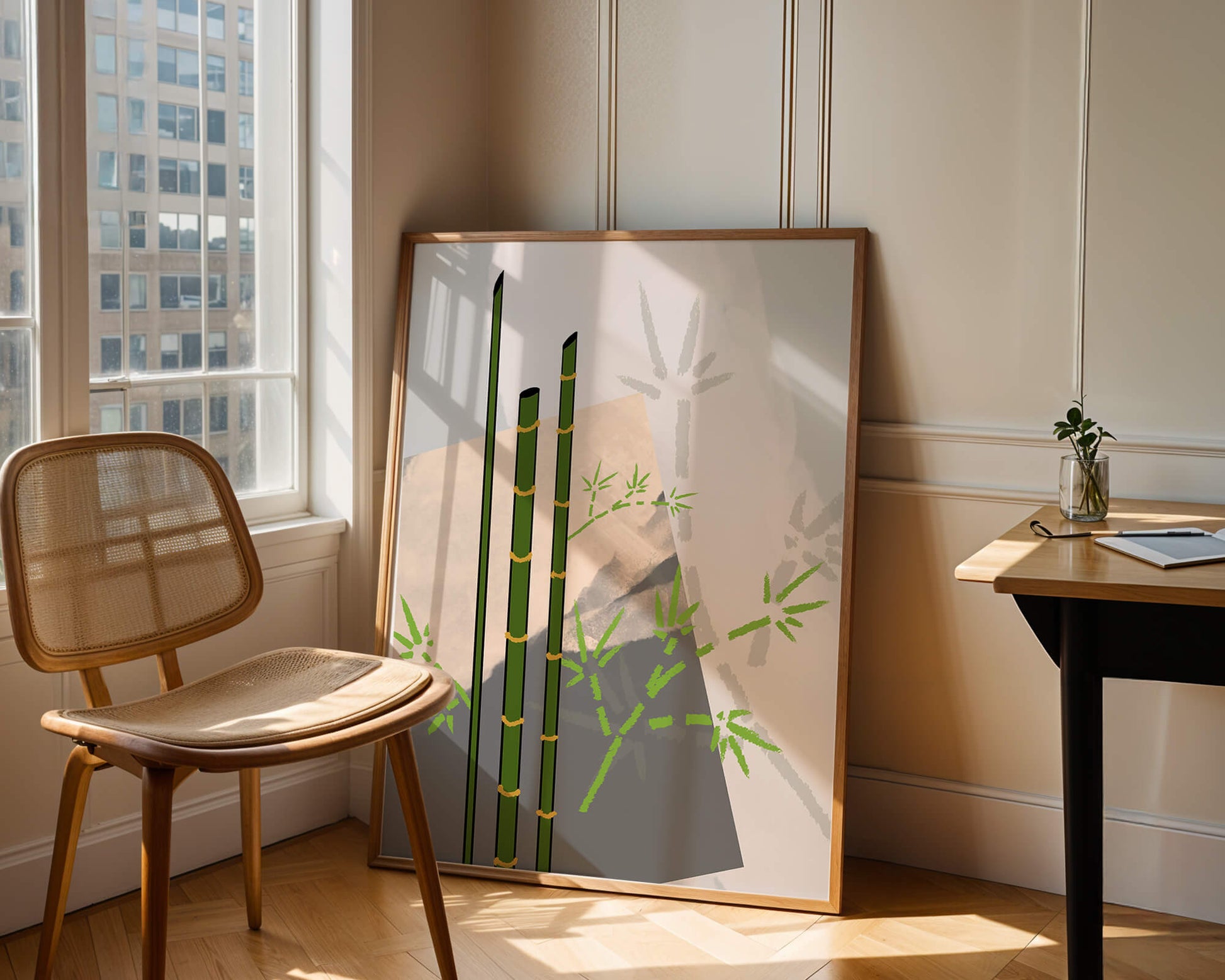 Arte minimalista de bambú con sombras abstractas de bambú