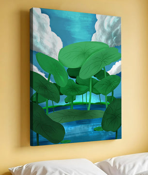 Serene landscape with lush green leaves and blue horizon