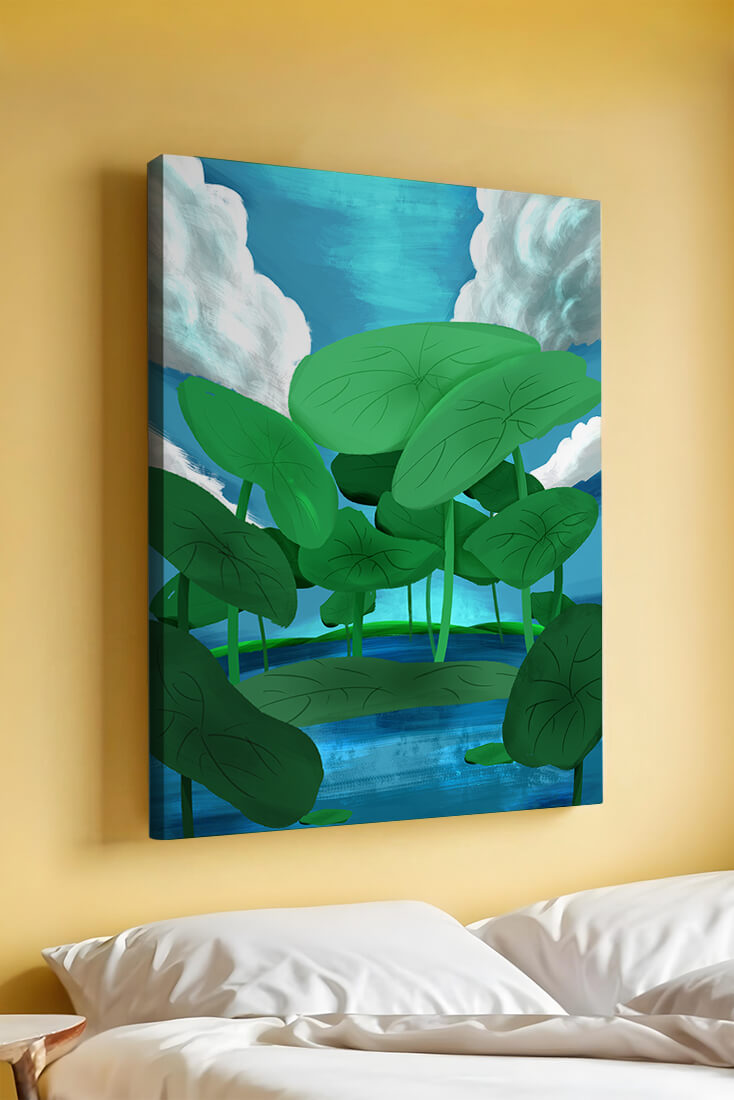 Serene landscape with lush green leaves and blue horizon