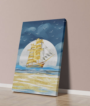 Navire à voile doré sur la mer avec des mouettes et un horizon bleu