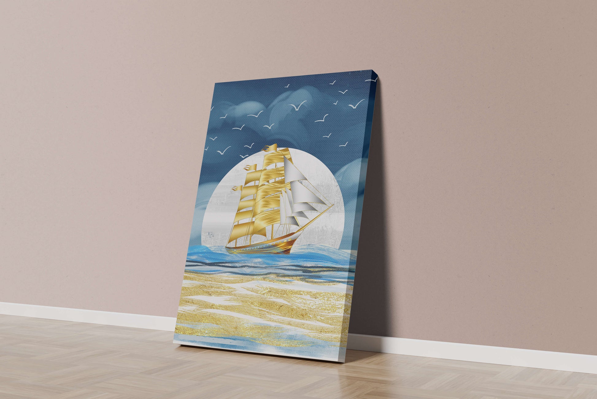 Golden Sailing Ship on the Sea with Seagulls and Blue Horizon