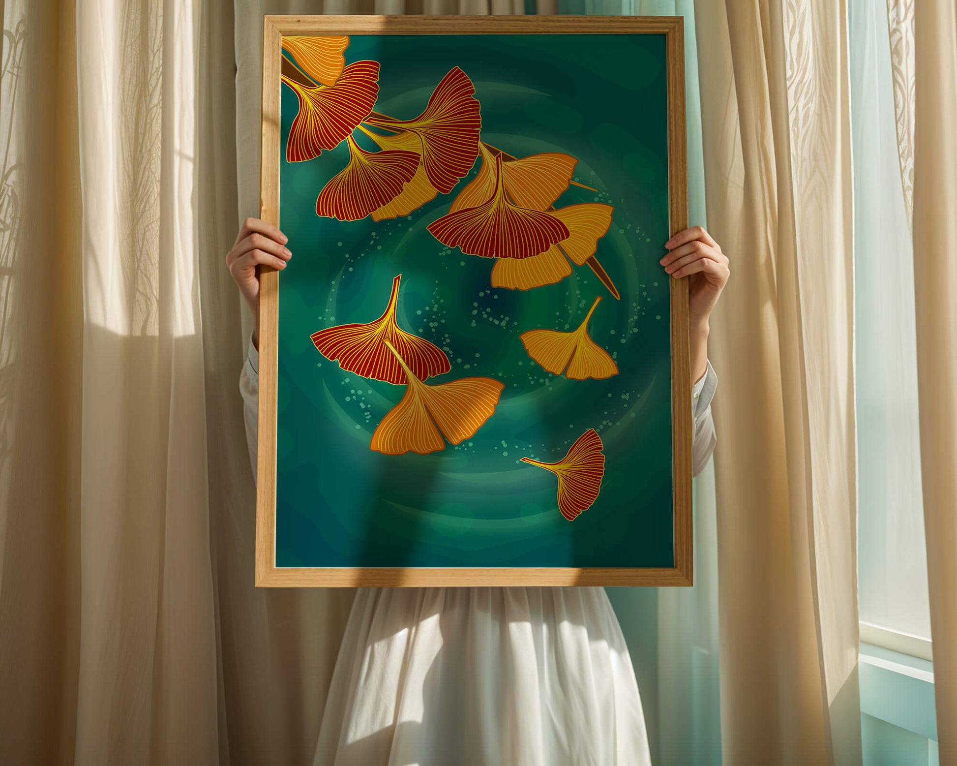 Stylized Ginkgo Leaves Floating on a Turquoise Background