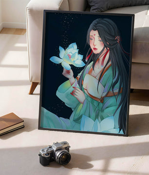 Elegant Woman Holding Glowing Lotus in Tranquil Nightscape