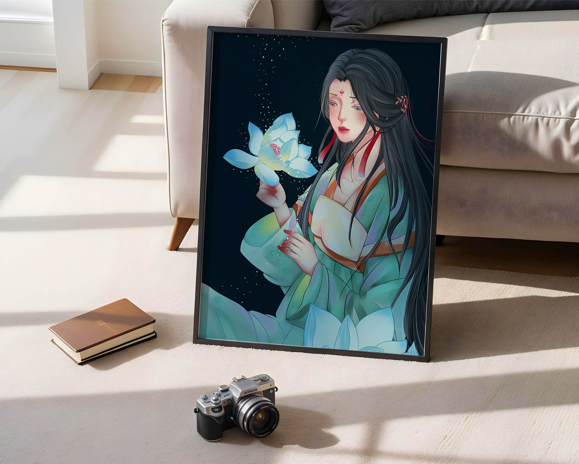 Elegant Woman Holding Glowing Lotus in Tranquil Nightscape