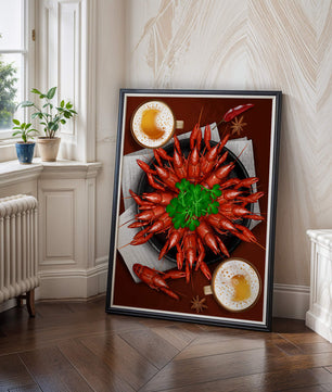 Gourmet-Meeresfrüchteplatte mit Flusskrebsen und Kaffeetassen