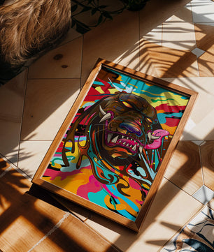 Cabeza de león abstracta y colorida con remolinos vibrantes