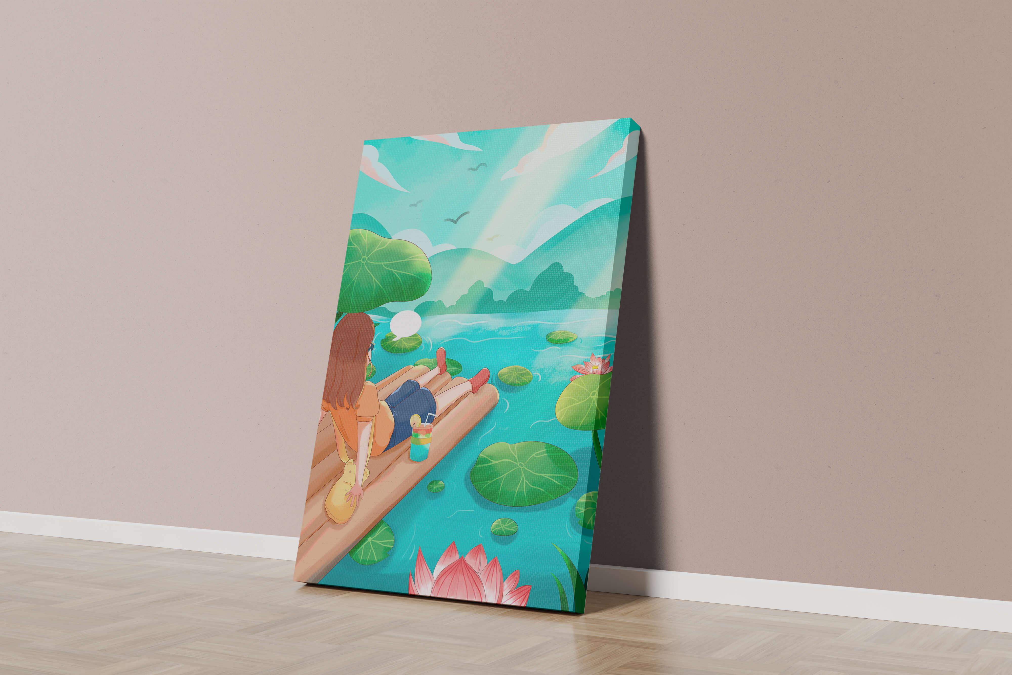 Peaceful lake scene with raft and relaxing atmosphere