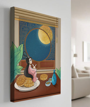 Tranquila escena nocturna con pasteles de luna y una figura mítica