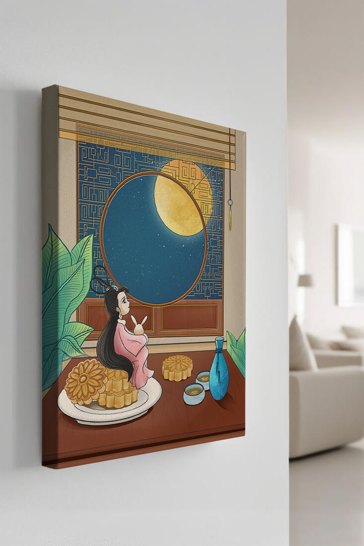 Tranquila escena nocturna con pasteles de luna y una figura mítica